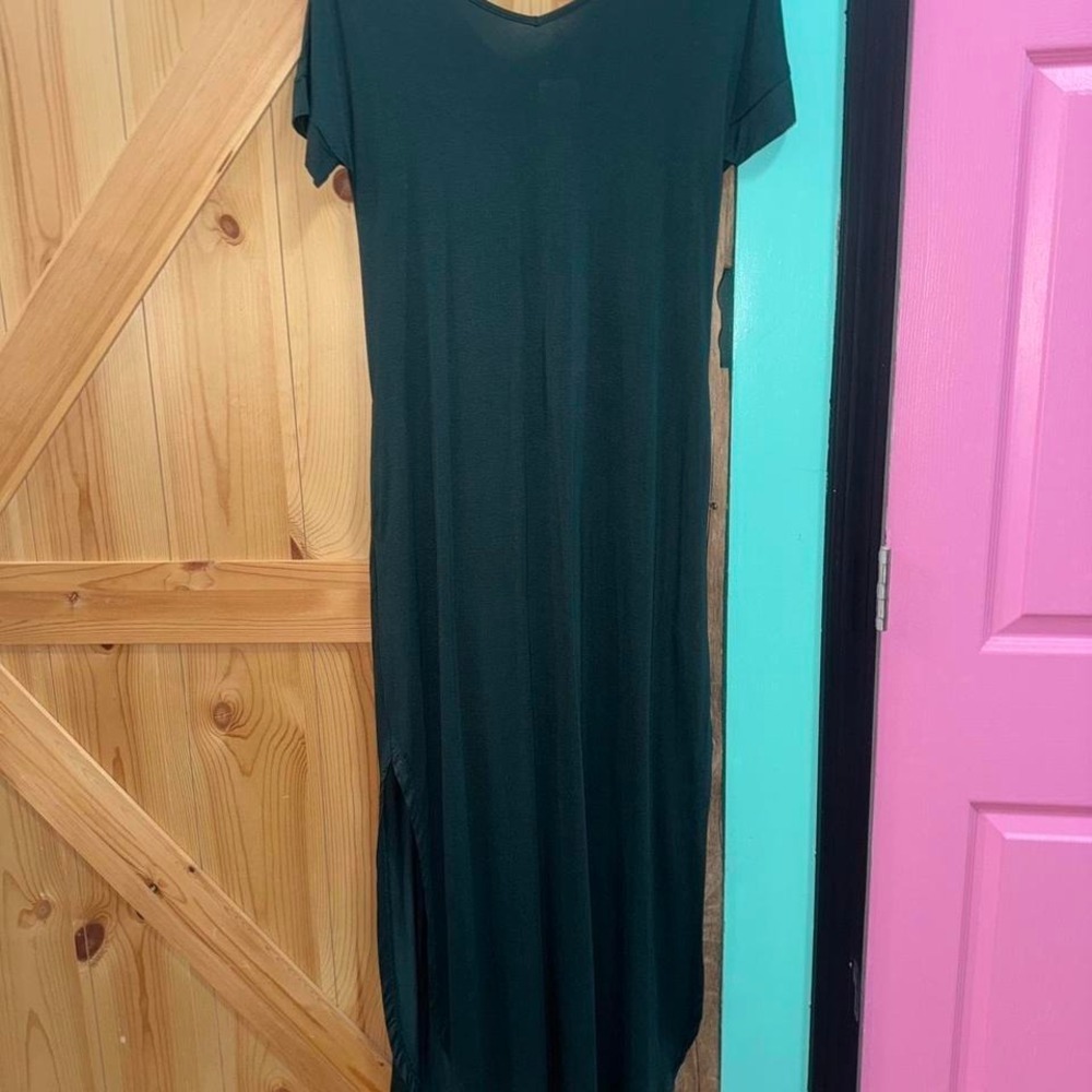 Grecerelle Womens Dark Green Short Sleeve‎ V Neck Maxi Dress with Pockets NWT